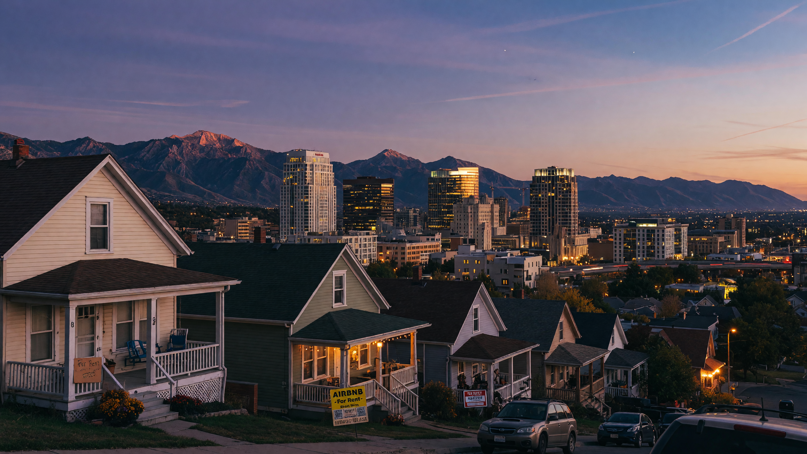 Salt Lake City skyline at dusk with the Wasatch Mountains in the background, showing a mix of residential neighborhoods and downtown buildings