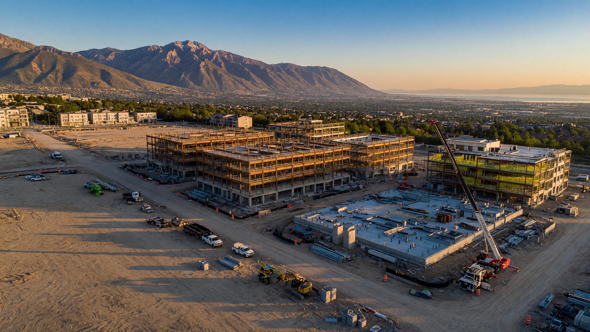 Aerial view of The Point construction site in Draper, Utah with heavy equipment and steel framing rising at the former state prison site