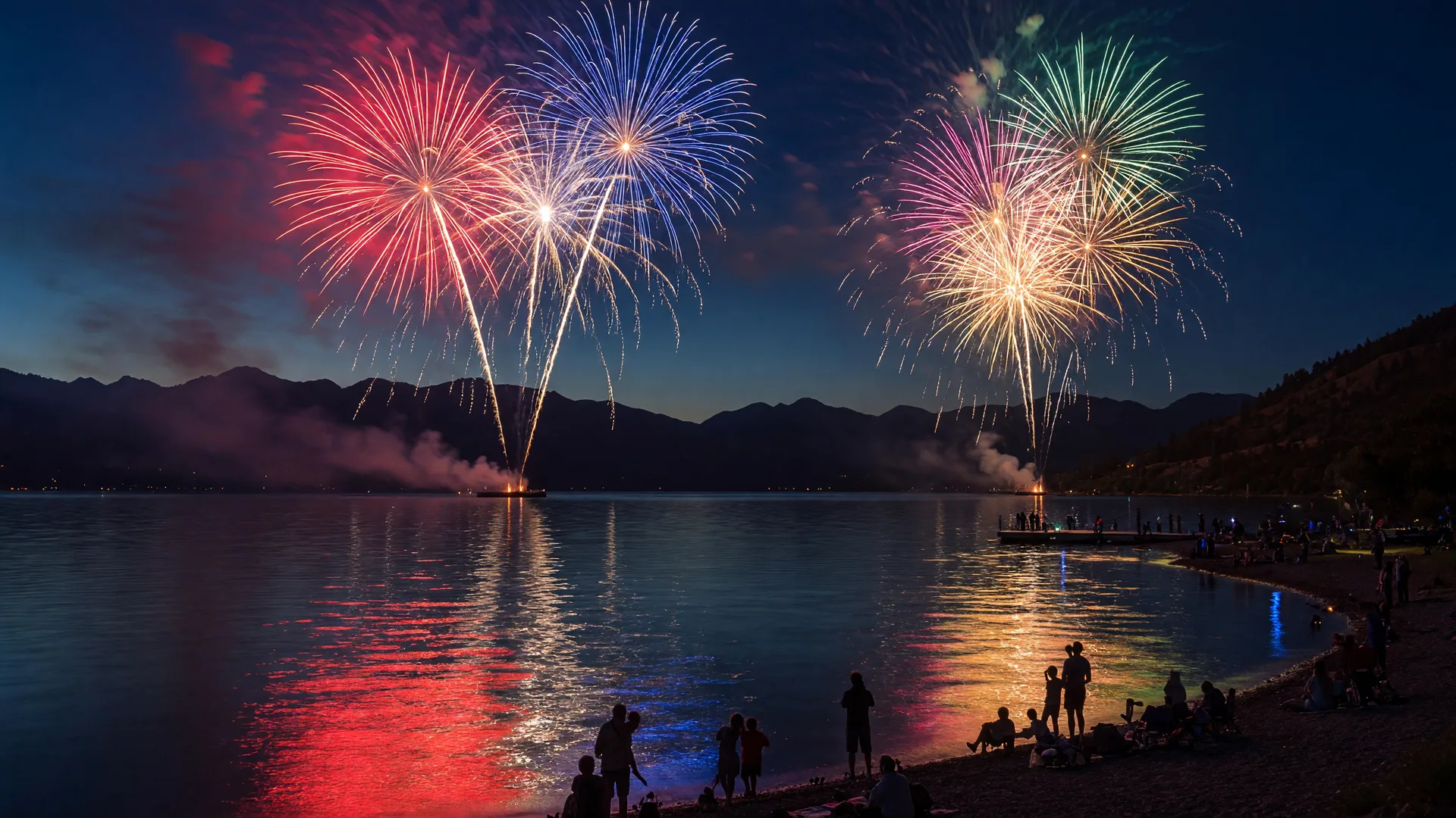 Colorful fireworks reflecting over a calm lake at night with mountains silhouetted in the background