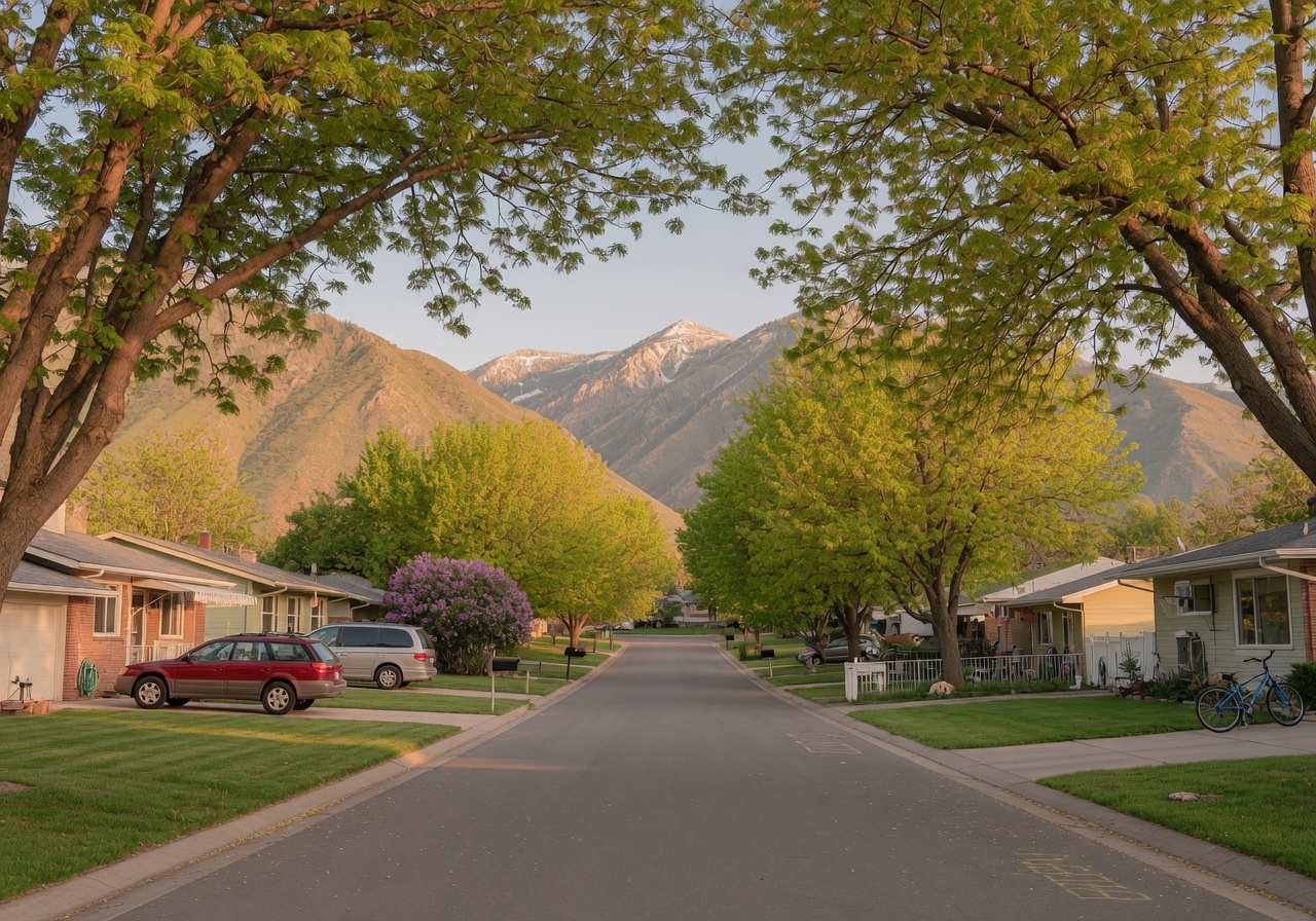 A quiet tree-lined residential street in Murray Utah with mature maples and well-kept homes under golden afternoon light