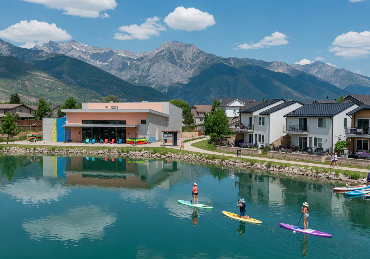 Daybreak community view with lake, trails, and mountain backdrop