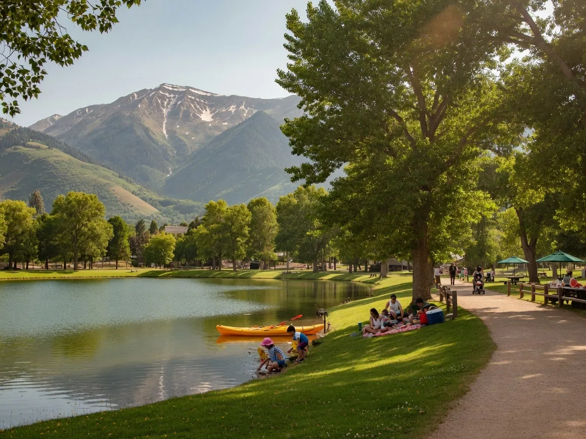 Highland Glen Park in Highland Utah featuring a calm lake, walking paths, mature trees, and the Wasatch Mountains in the background