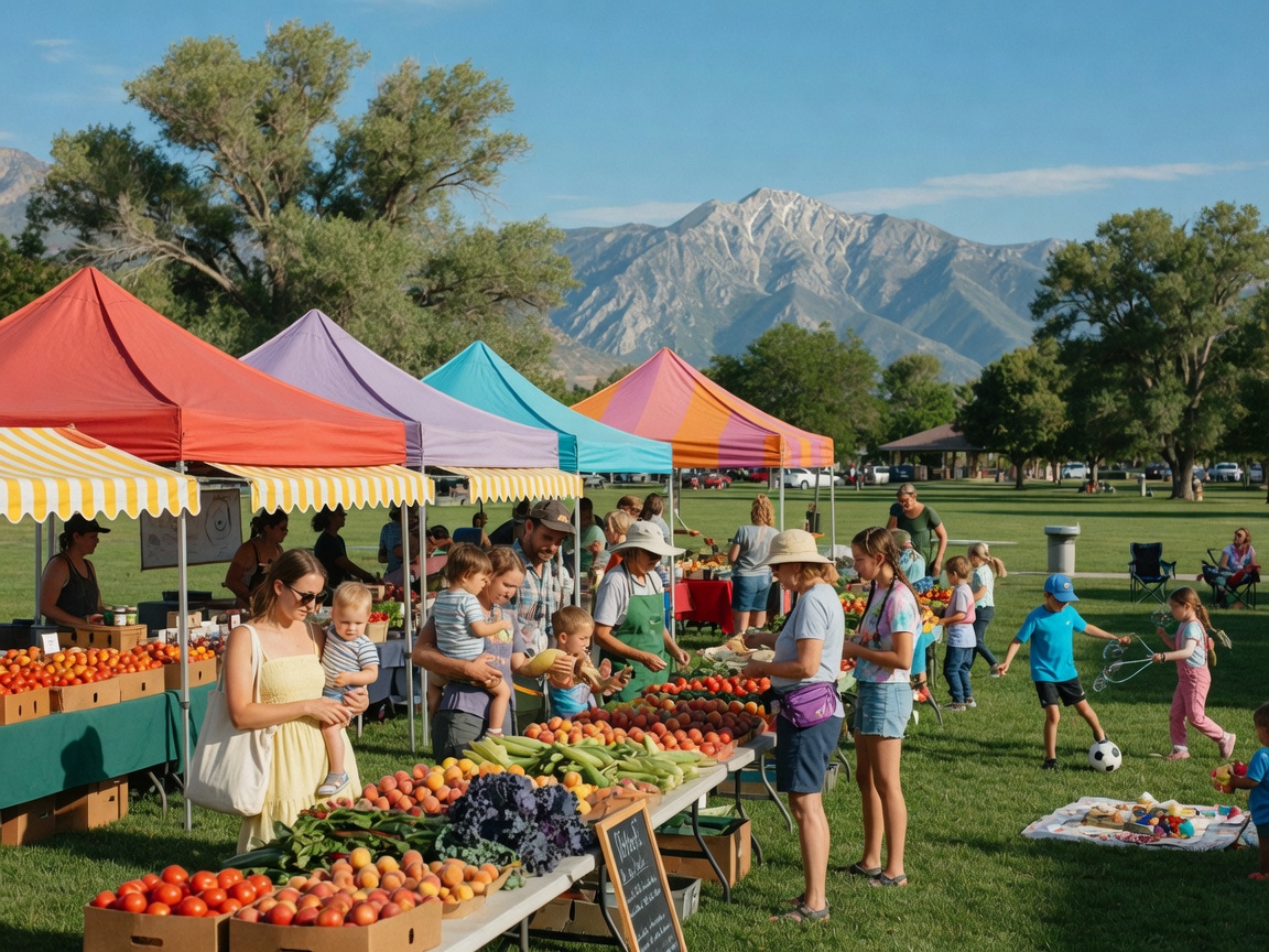 Families enjoying a farmers market in a Riverton Utah community park on a sunny morning