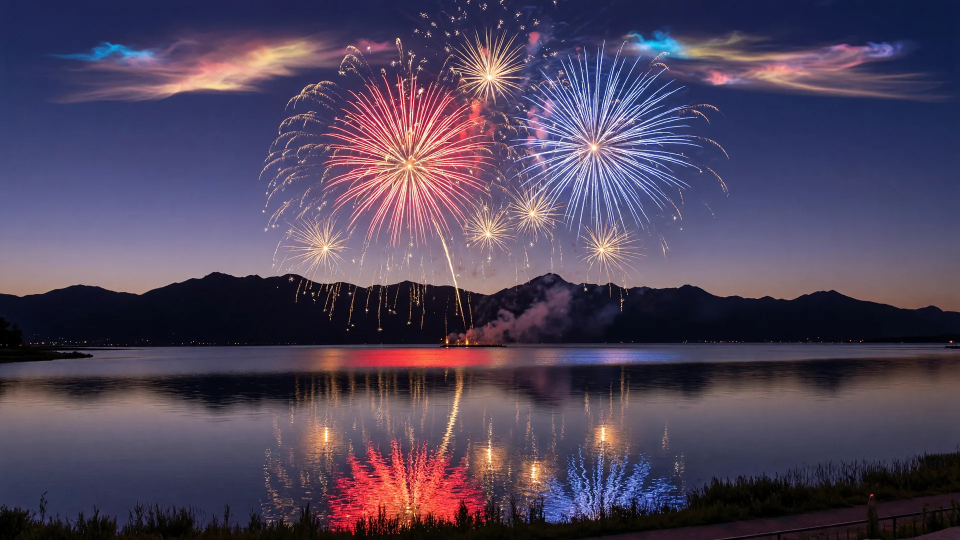 Colorful fireworks exploding over Utah Lake at night with the Wasatch Mountains silhouetted in the background and reflections shimmering on the water