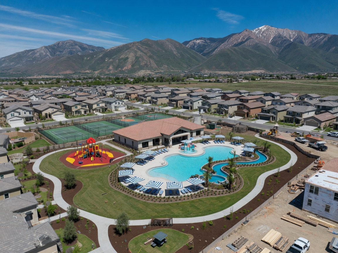 Modern model home interior with open-concept layout and mountain views in a Utah new construction community