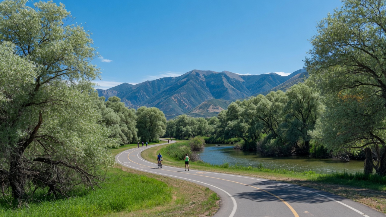 The Jordan River Parkway Trail on a sunny summer day with cottonwood trees and mountains in the background
