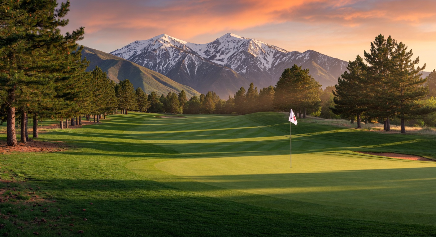 Scenic Utah golf course with snow-capped Wasatch Mountains in the background during golden hour
