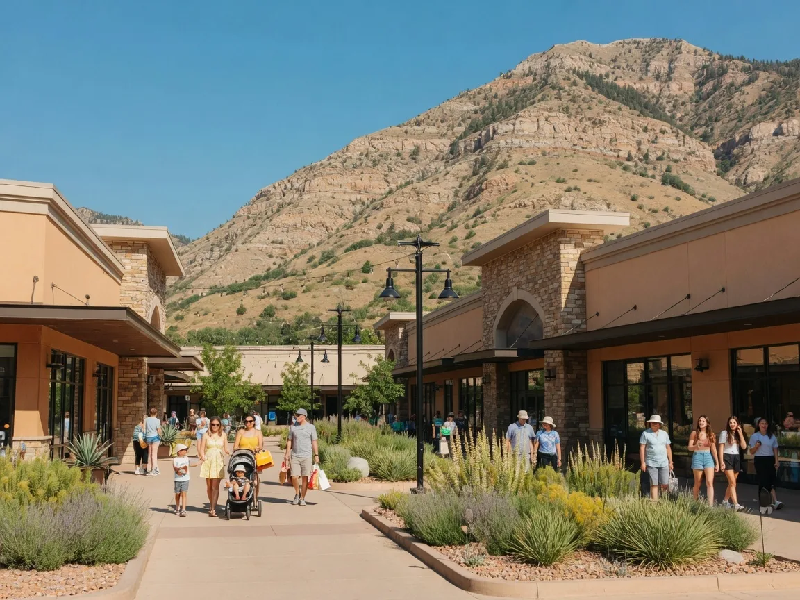 The Outlets at Traverse Mountain in Lehi Utah with shoppers on a bright summer afternoon and the mountain backdrop