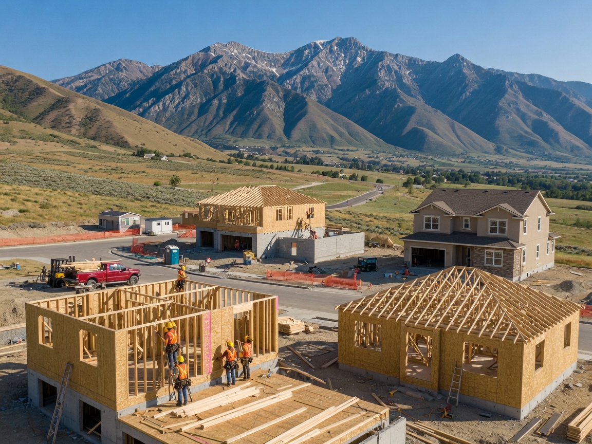 Construction activity in a Utah valley community with the Wasatch Mountain range in the background