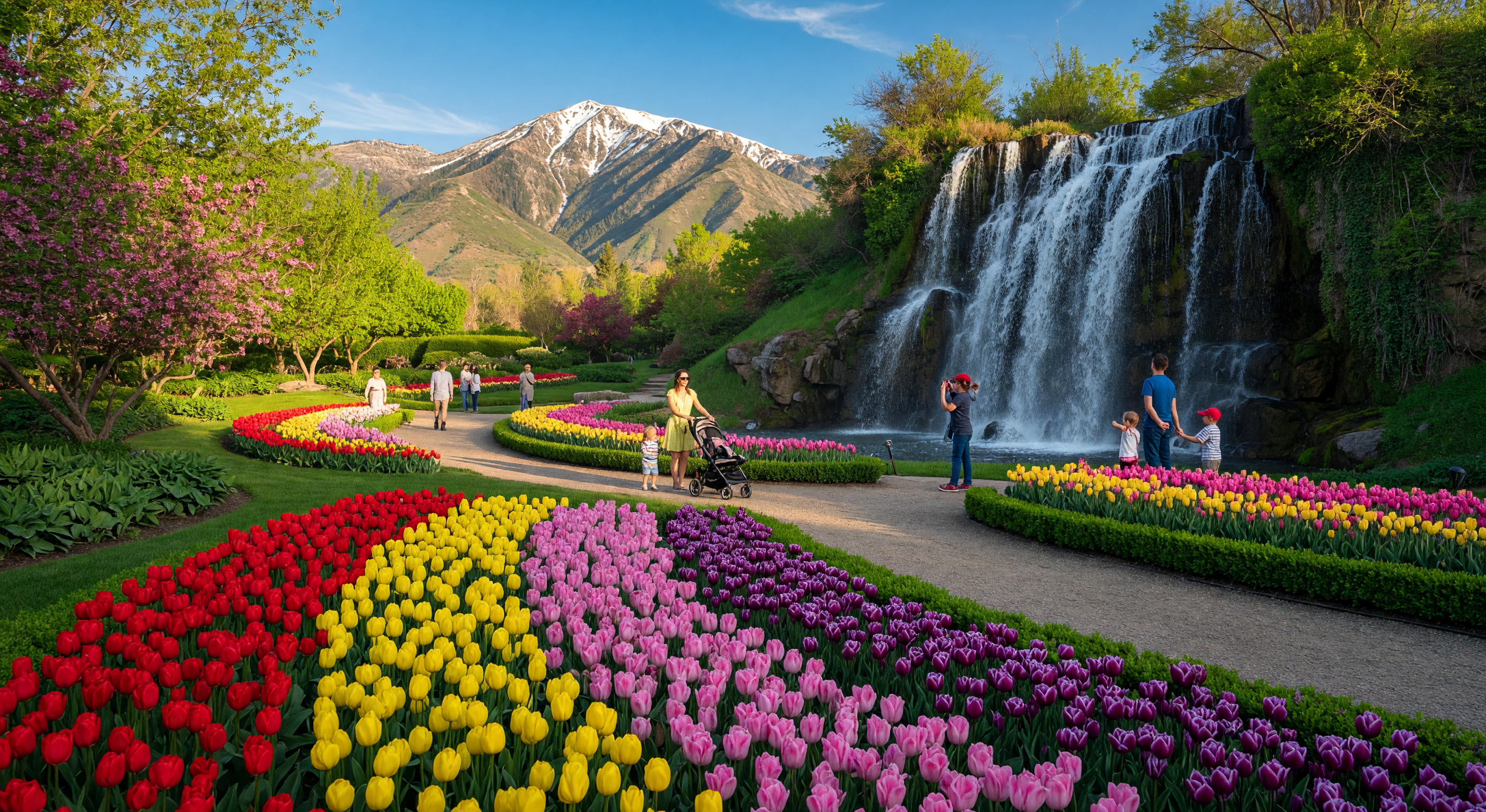 Ashton Gardens at Thanksgiving Point in Lehi, Utah with colorful tulips and the man-made waterfall in the background