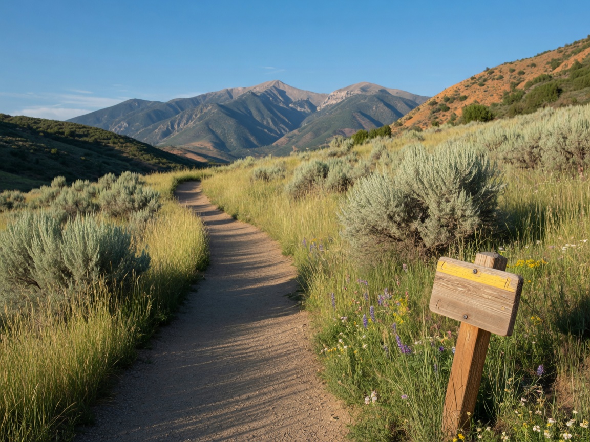 A scenic trail through Dimple Dell Regional Nature Park in Sandy Utah with native grasses and mountains in the background