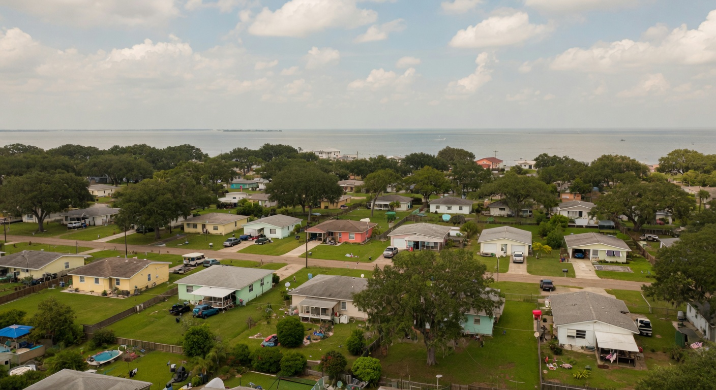 Aerial view of a Biloxi residential neighborhood with mature tree canopy