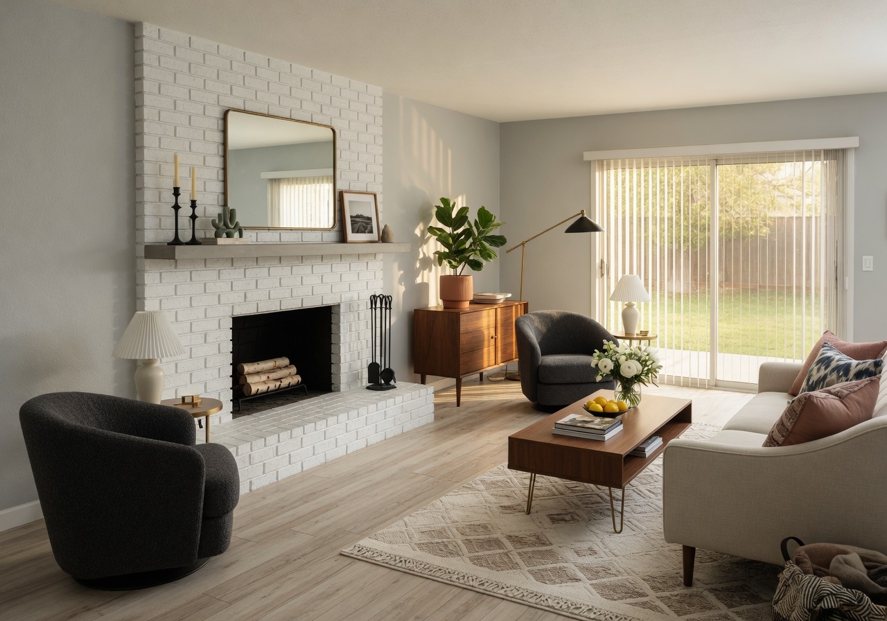 Living room with natural light and white-painted brick fireplace