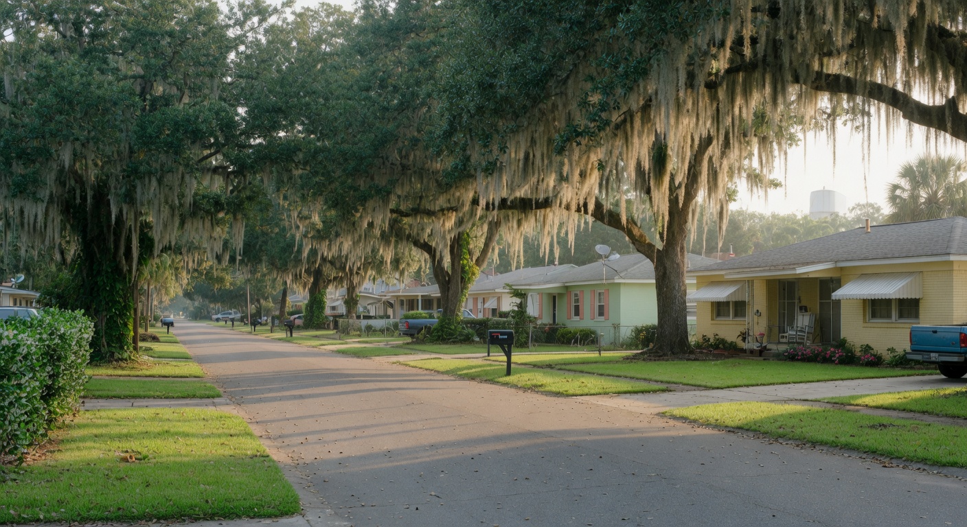 Tree-lined residential street in Biloxi, Mississippi