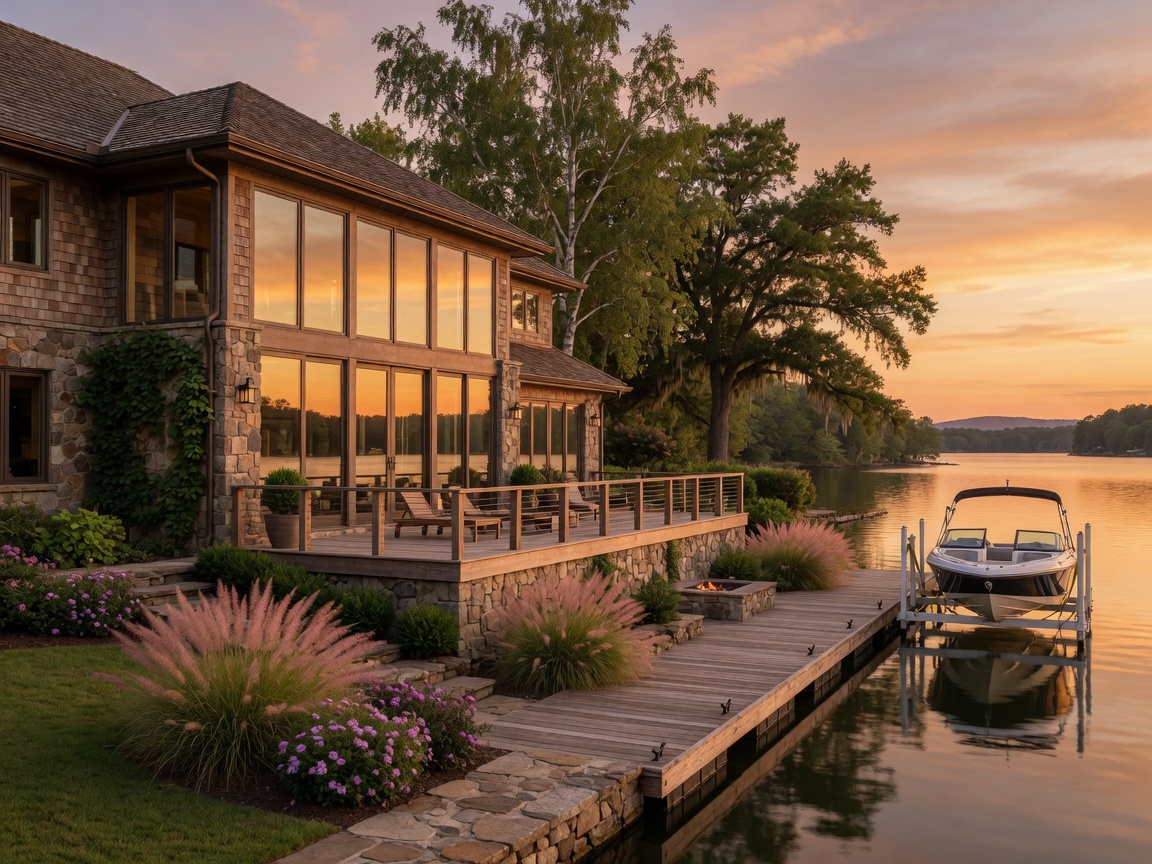 Luxury waterfront home on Lake Norman at golden hour with stone and shingle architecture, floor-to-ceiling windows, a private dock, and warm amber light across the deck