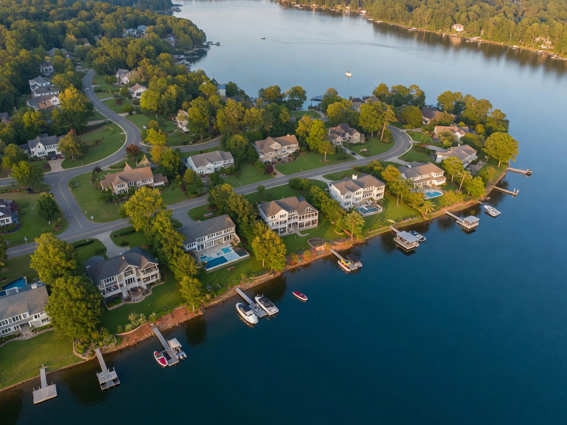 Aerial view of Lake Norman waterfront communities showing luxury homes with private docks along a tree-lined shoreline