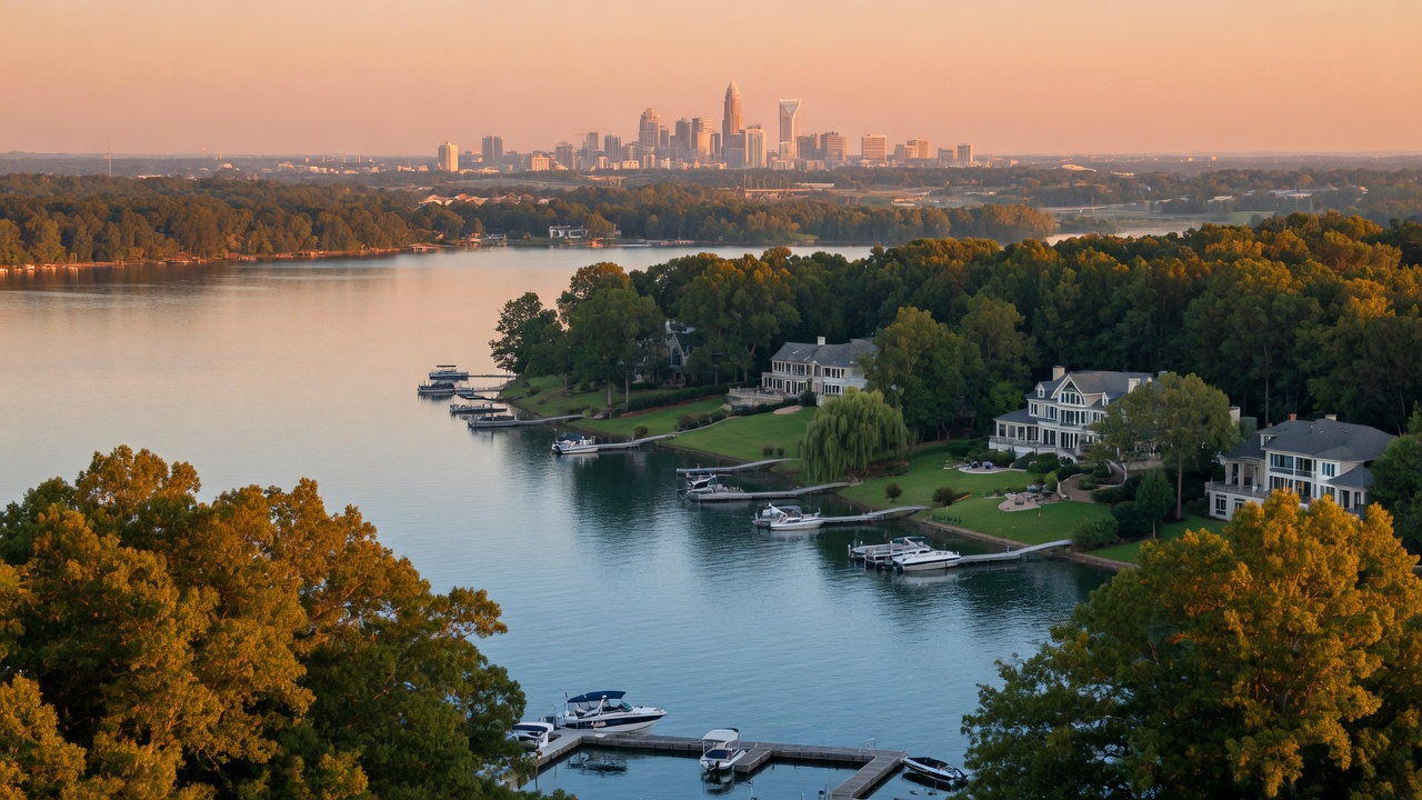 Aerial view of Lake Norman waterfront homes with green shoreline, calm water, and Charlotte skyline in the distance at golden hour