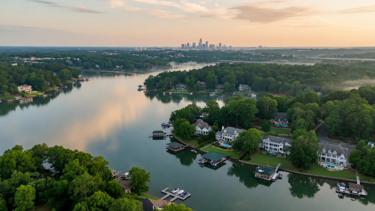 Modern luxury waterfront home interior with floor-to-ceiling windows overlooking Lake Norman