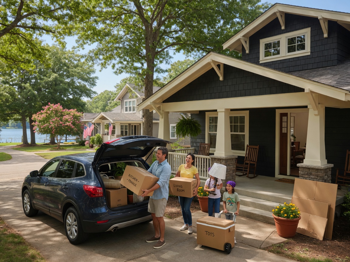 Family unloading moving boxes at a beautiful craftsman-style Lake Norman home on a sunny afternoon, capturing the excitement of a new beginning