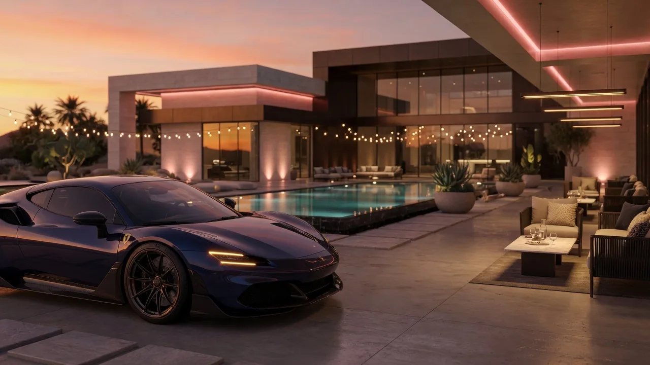 Upscale motorsports social club setting with luxury vehicles and ambient evening lounge atmosphere
