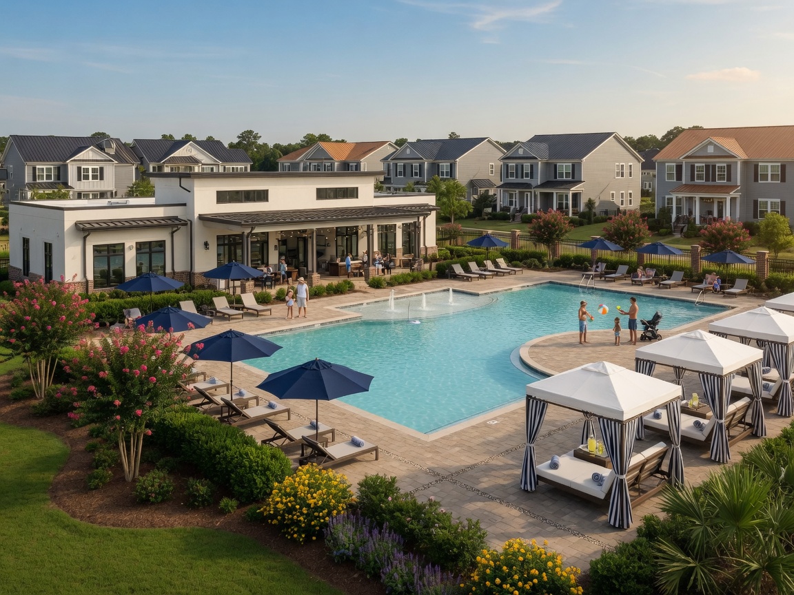 Resort-style community pool and amenity center in a master-planned Huntersville neighborhood with cabanas, landscaping, and family homes in the background on a sunny afternoon