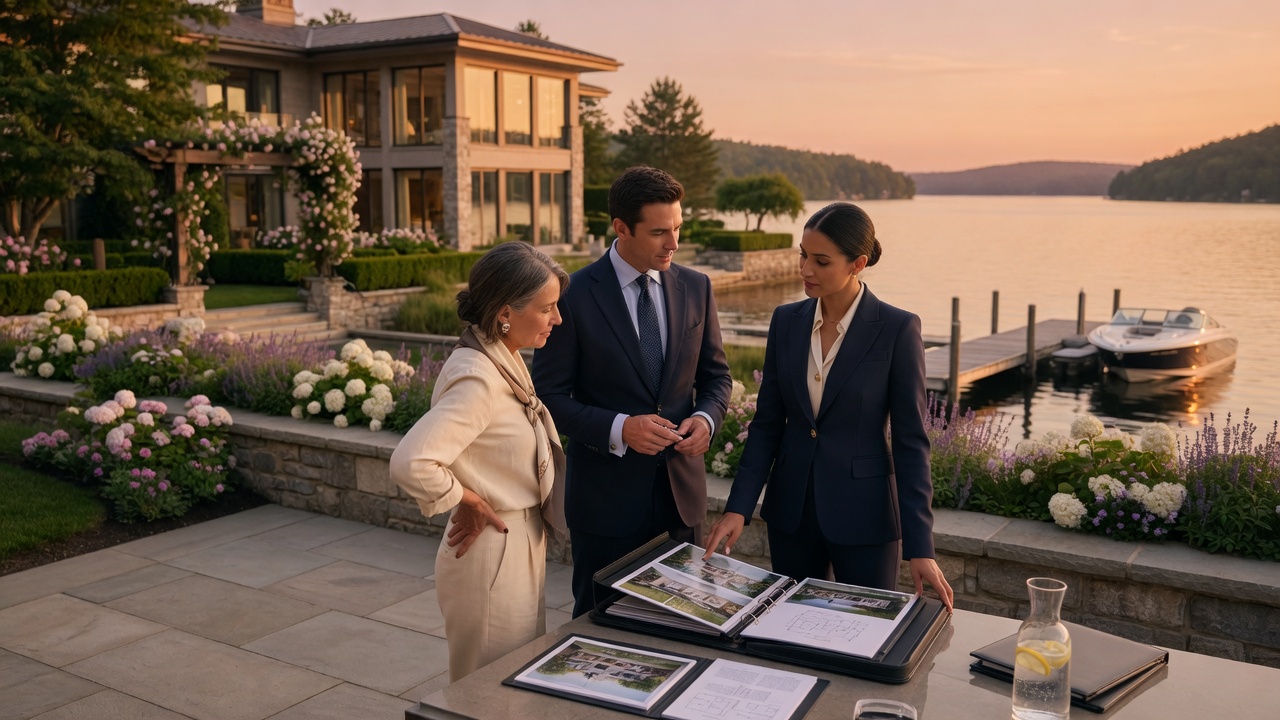 Vic and Amy Petrenko reviewing a luxury waterfront listing with a homeowner on a lakeside terrace