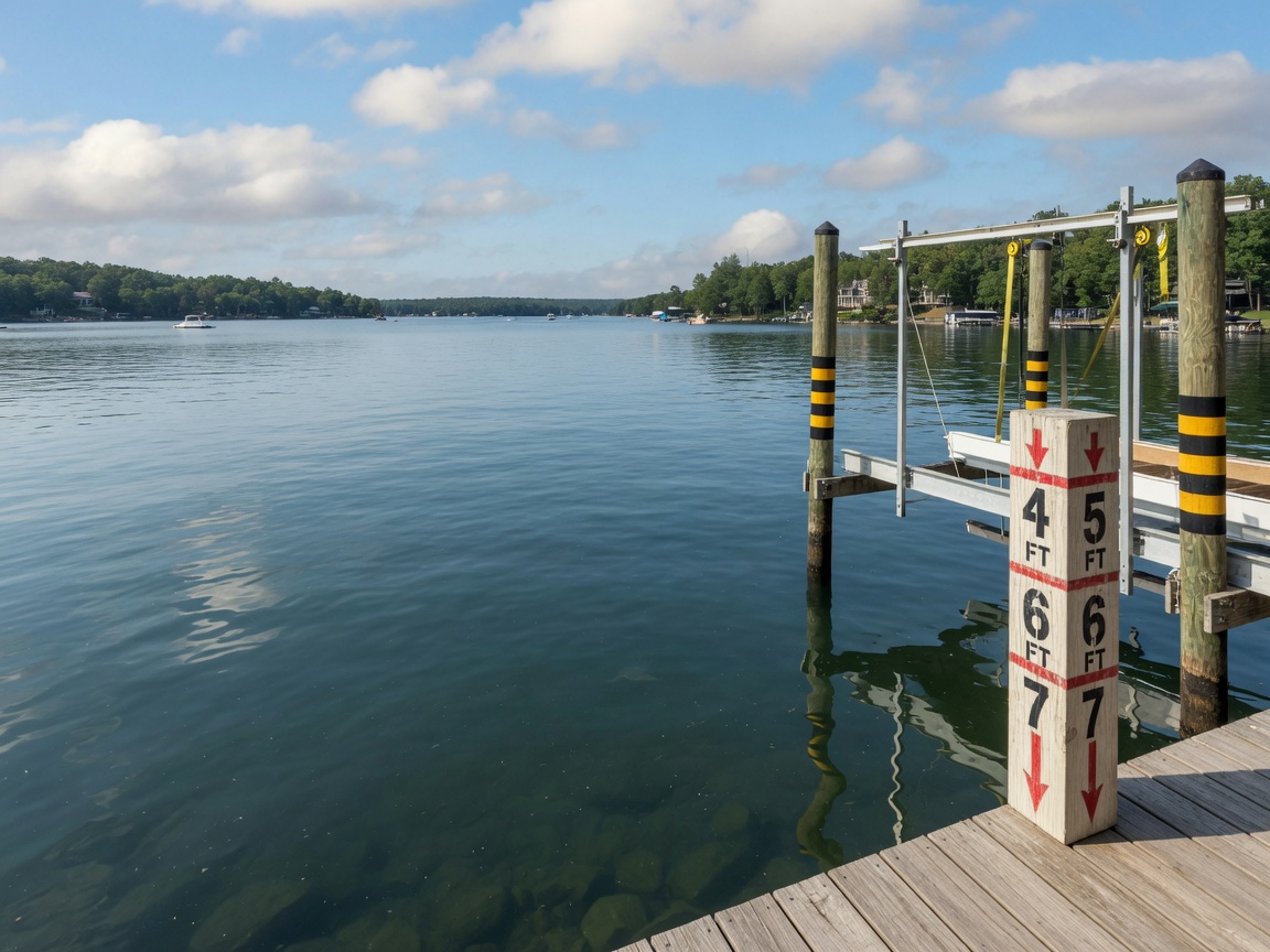 Calm blue water at a Lake Norman dock with depth markers on a piling and a boat lift structure
