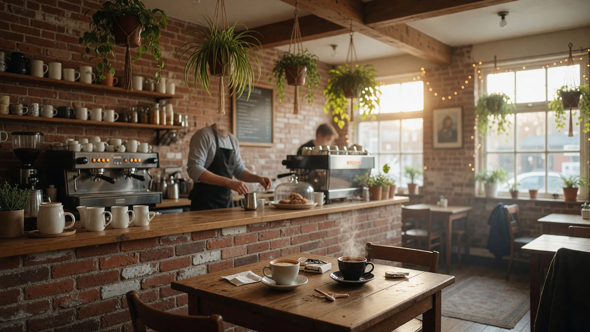 Charming interior of a local coffee shop with warm lighting and community atmosphere