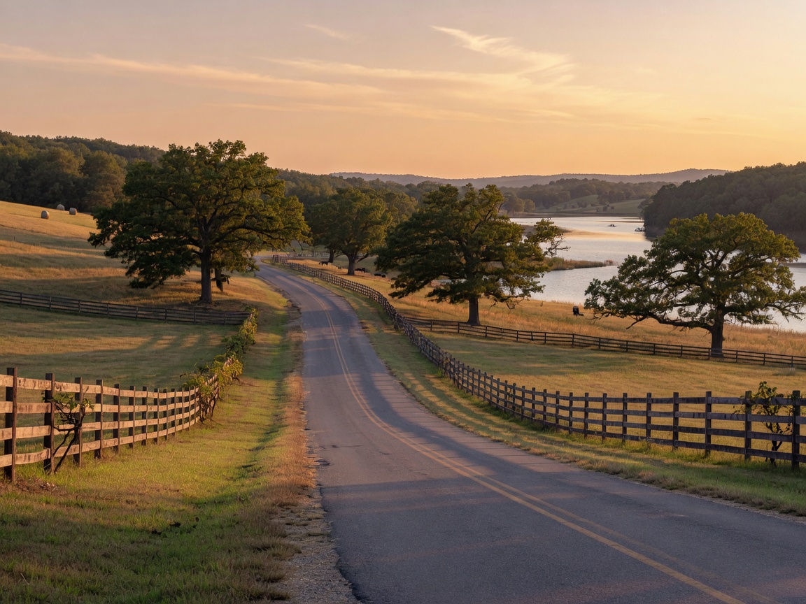 Scenic two-lane country road in Denver North Carolina winding through rolling hills with split-rail fences, mature trees, and open pastures bathed in golden afternoon light