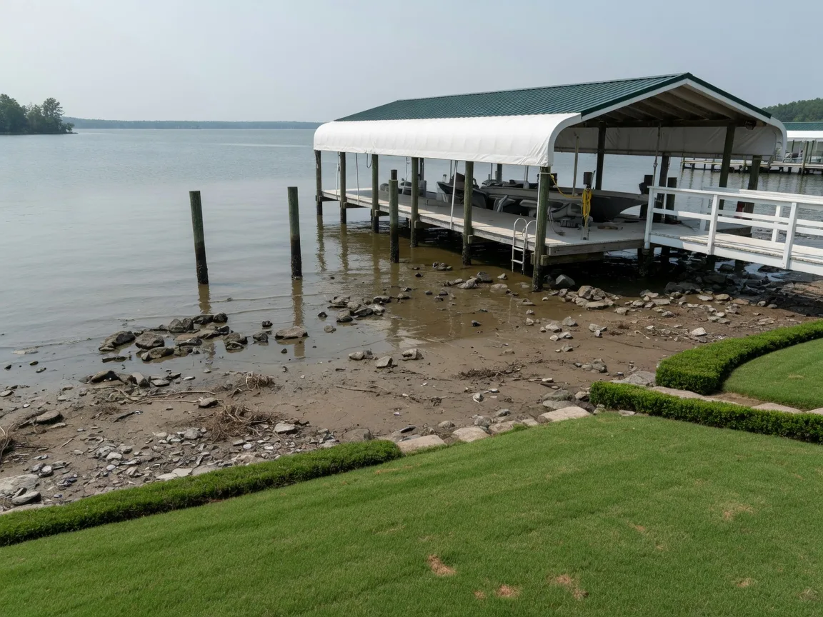 An aerial view of a lakeside restaurant with outdoor terrace dining, boats docked nearby, and warm golden hour lighting