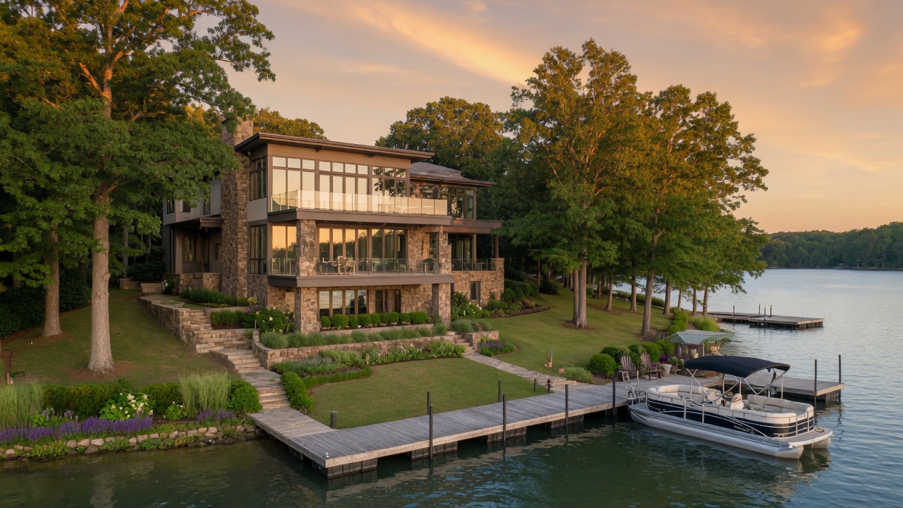 A luxury waterfront estate on Lake Norman with a private dock and mature landscaping