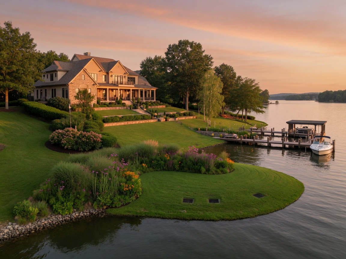 A luxury waterfront home on Lake Norman viewed from the water, with a private dock, lush landscaping sloping to the shoreline, and mature trees