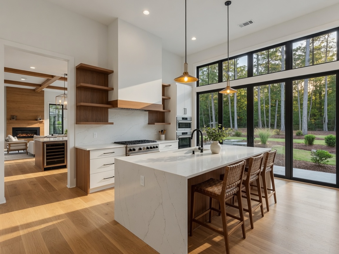 Modern luxury home interior with open floor plan and large windows overlooking a landscaged yard in a Huntersville NC new construction community
