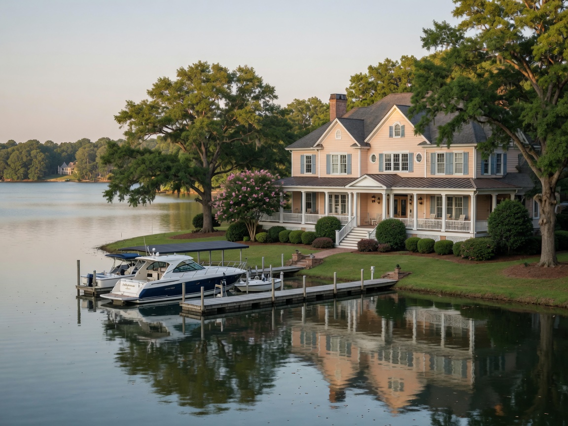 Luxury waterfront estate on a quiet cove of Lake Norman near Davidson NC with wraparound porch, private dock with boat slip, calm reflective water, and mature trees framing the property in soft afternoon light