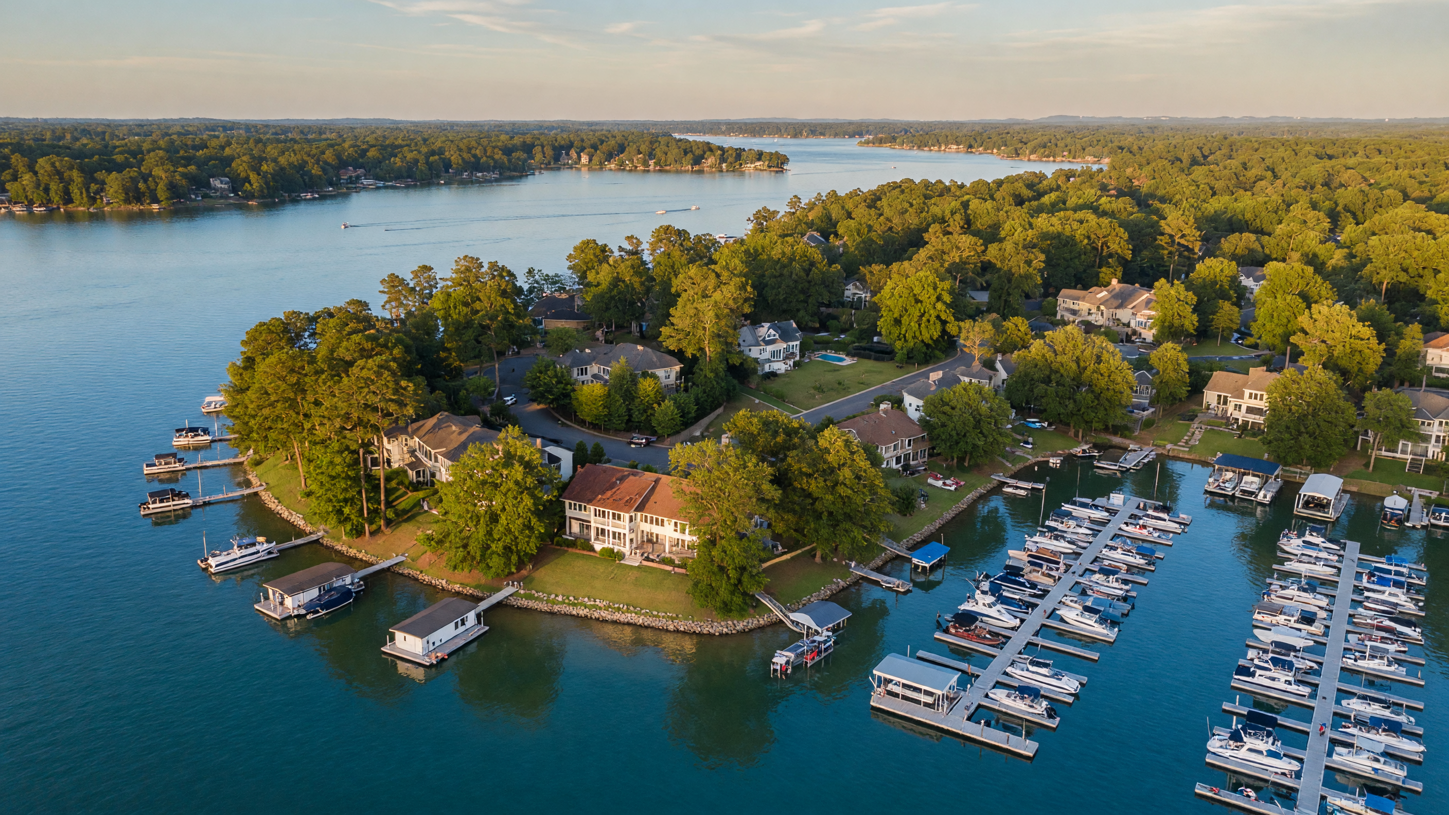 Aerial view of Cornelius NC waterfront community on Lake Norman with boats and marinas