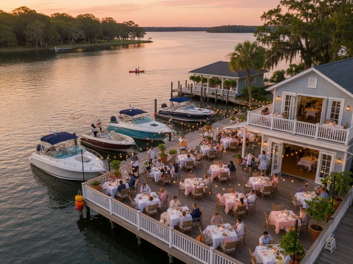 A luxury waterfront dock on Lake Norman extending over exposed lake bed during low water conditions with rocks and shallow water visible