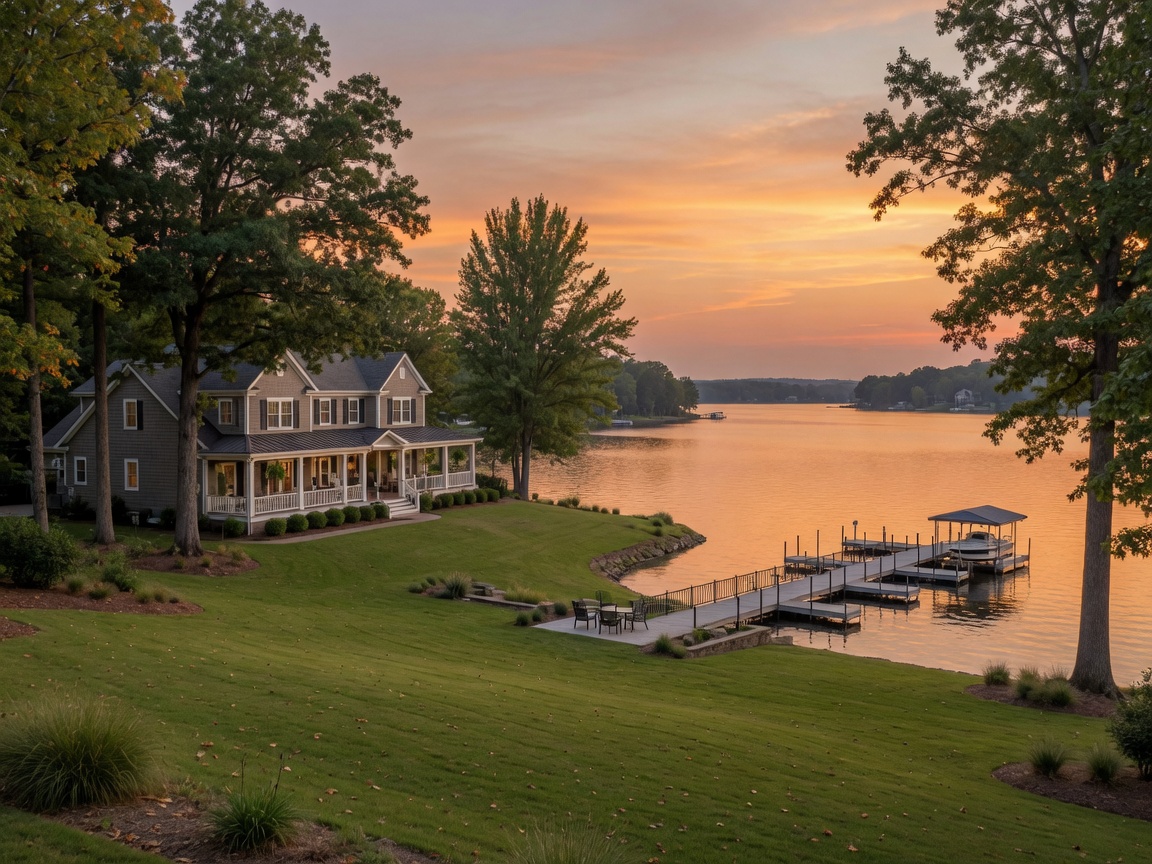 Luxury waterfront estate on Lake Norman western shore near Denver NC with private dock, gently sloping lawn, wraparound porch, and expansive lake views at sunset