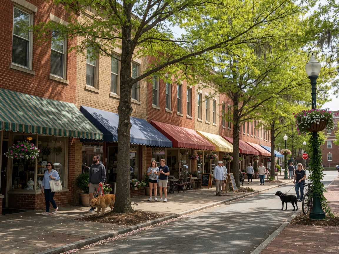 Charming historic main street in Davidson North Carolina with tree-lined sidewalks, boutique shops, and local restaurants in a warm college-town atmosphere