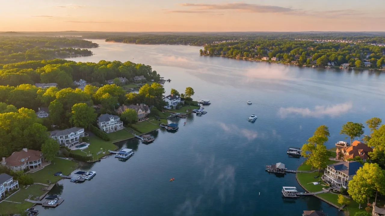 Aerial view of Lake Norman waterfront homes with docks and mature trees along the calm shoreline at sunrise