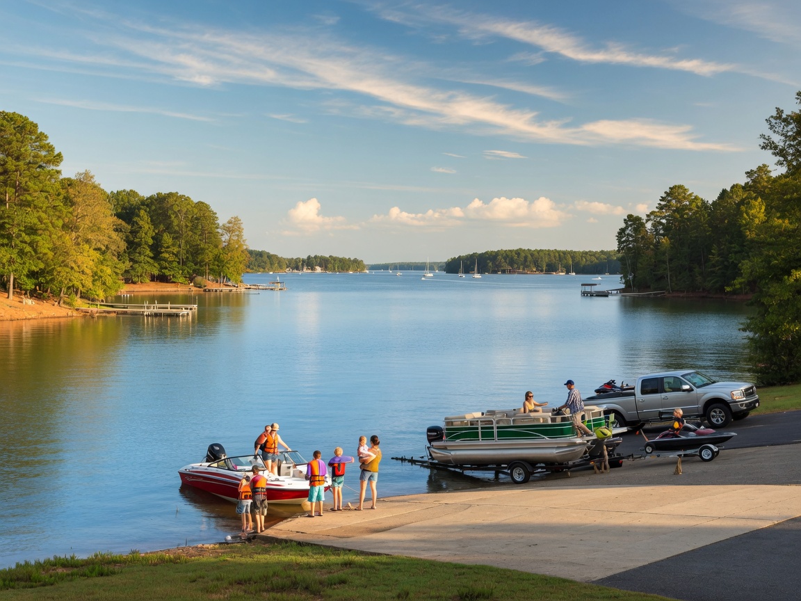 Public boat ramp and lake access at Blythe Landing Park on Lake Norman with boats launching into calm blue water, tree-lined shoreline, and bright sky