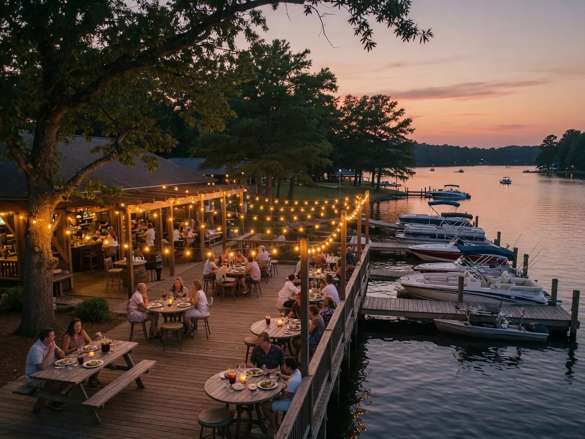 Luxury waterfront dining venue on Lake Norman with a large outdoor patio and boat slips at sunset