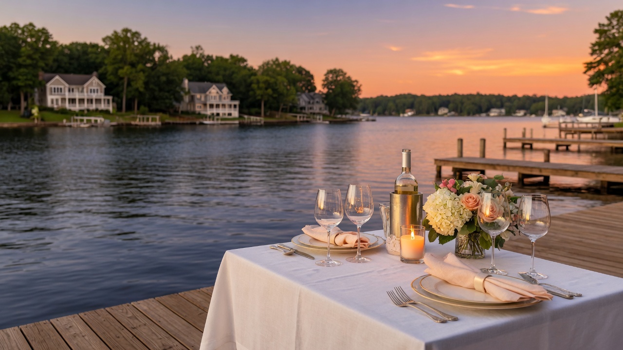 Aerial view of Lake Norman at golden hour showcasing luxury waterfront estates, private docks, and boats on the shimmering water surrounded by lush summer foliage