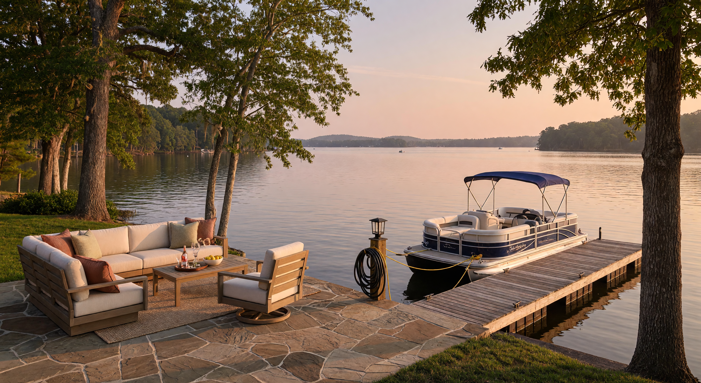 Luxury lakefront property on Lake Norman at golden hour