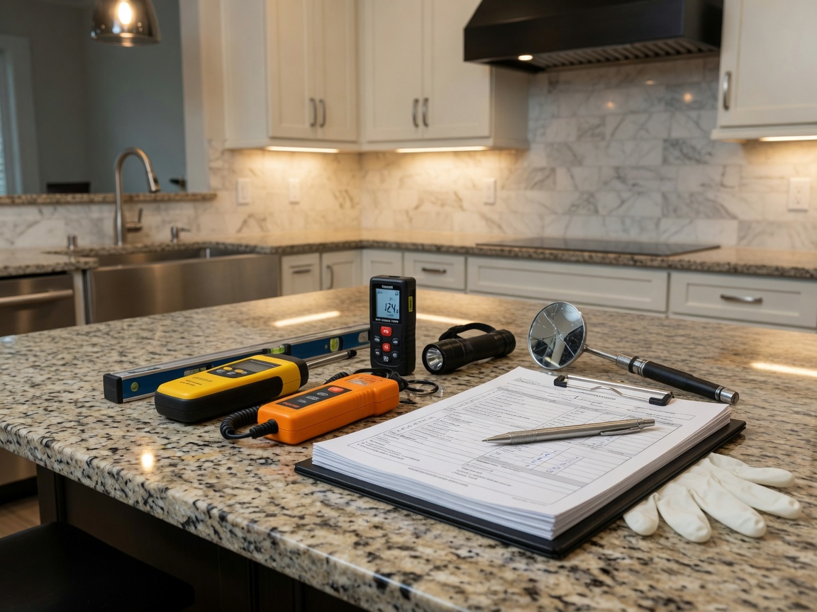 Professional inspection tools and clipboard on a kitchen counter in an upscale Lake Norman home