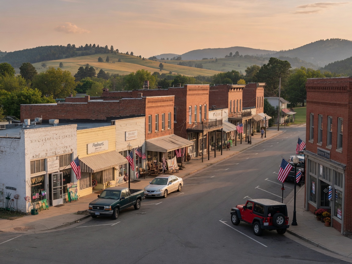 Small-town storefronts in Denver North Carolina with locally owned shops and a peaceful Piedmont setting with rolling hills visible in the background