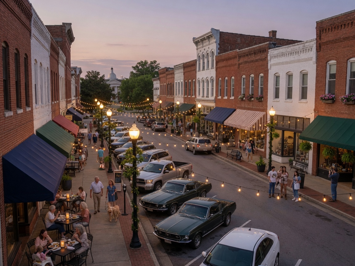 Revitalized downtown Mooresville main street with brick storefronts, outdoor dining, string lights, and a mix of historic and renovated buildings on a lively evening