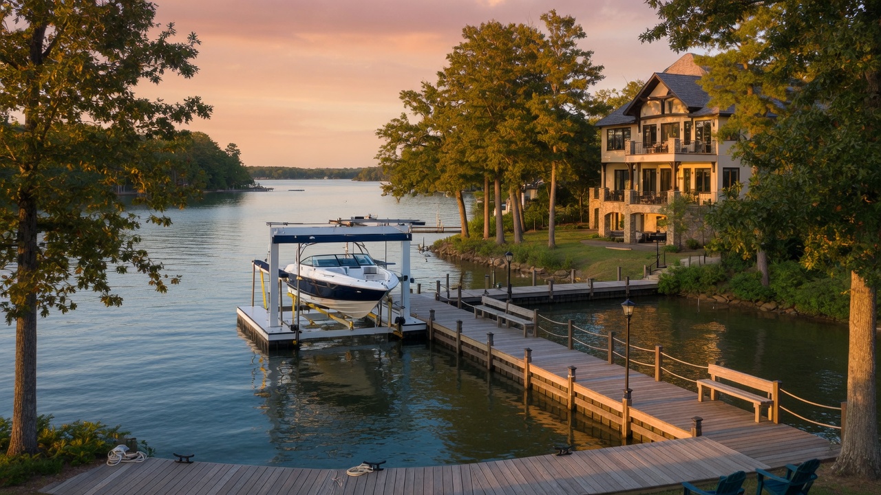 A private dock with a boat lift on Lake Norman at golden hour, surrounded by calm water and mature trees