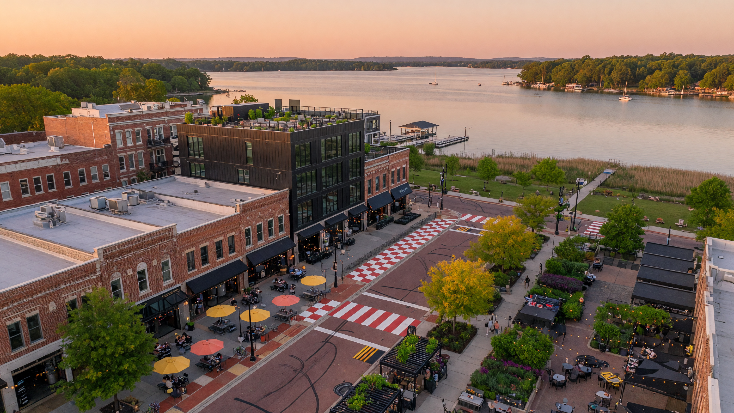 Aerial view of Mooresville NC waterfront community with Lake Norman