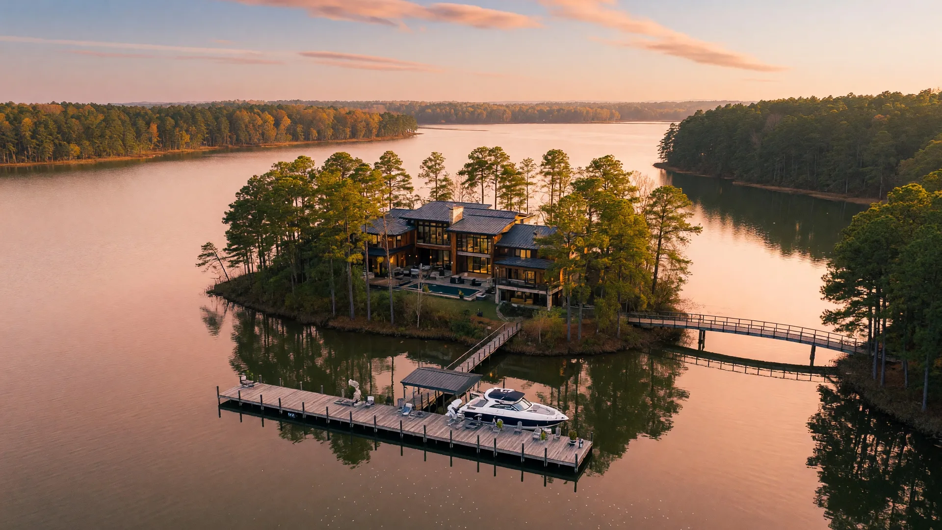 Aerial drone view of a private island estate on Lake Norman at golden hour with a modern luxury mansion, private bridge, and dock surrounded by tall pines and calm water