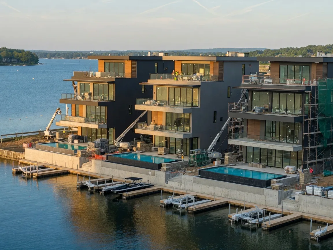 Modern luxury waterfront townhomes on Lake Norman with rooftop terraces, private docks, and lake views on a sunny summer afternoon